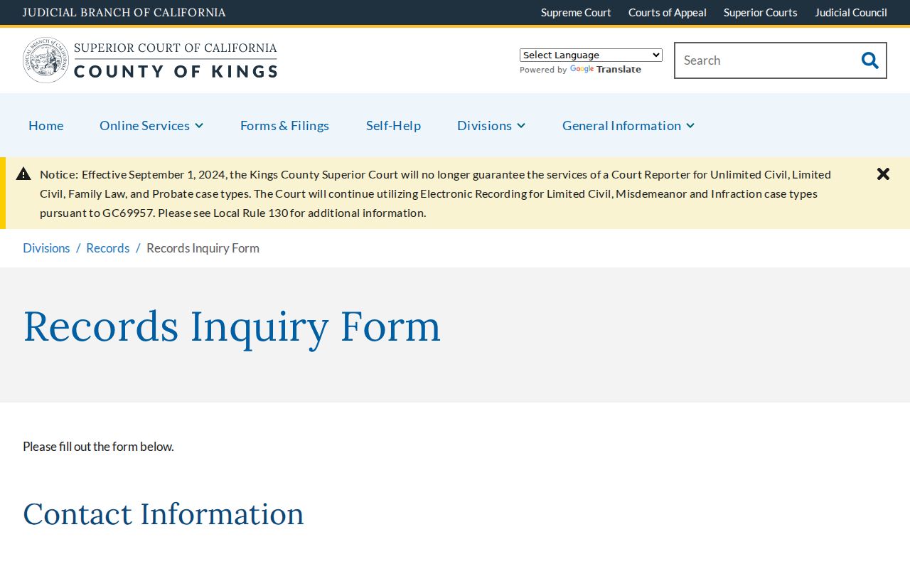 Lemoore public records inquiry form for Kings Superior Court