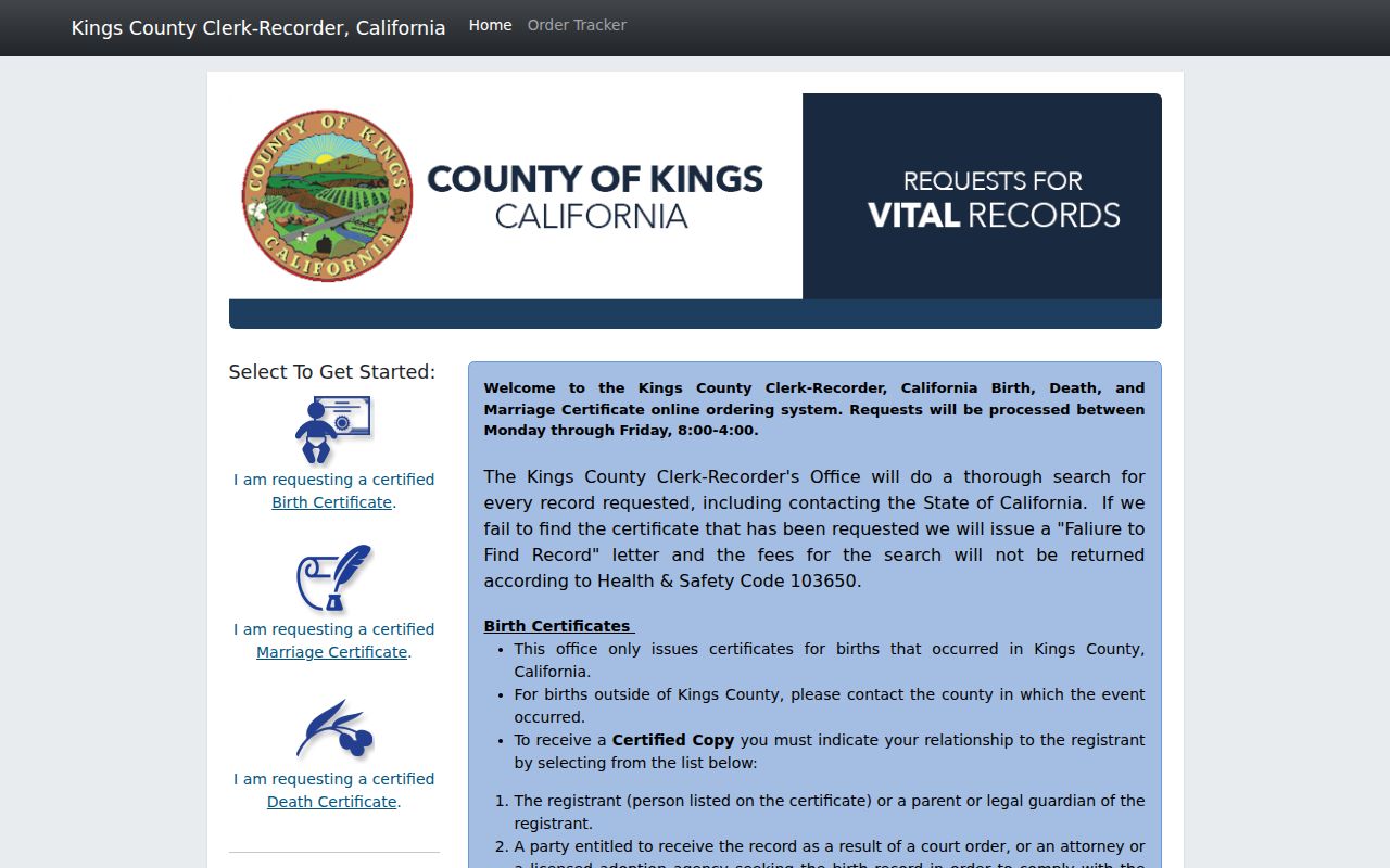 Lemoore public records vital certificate ordering through Kings County