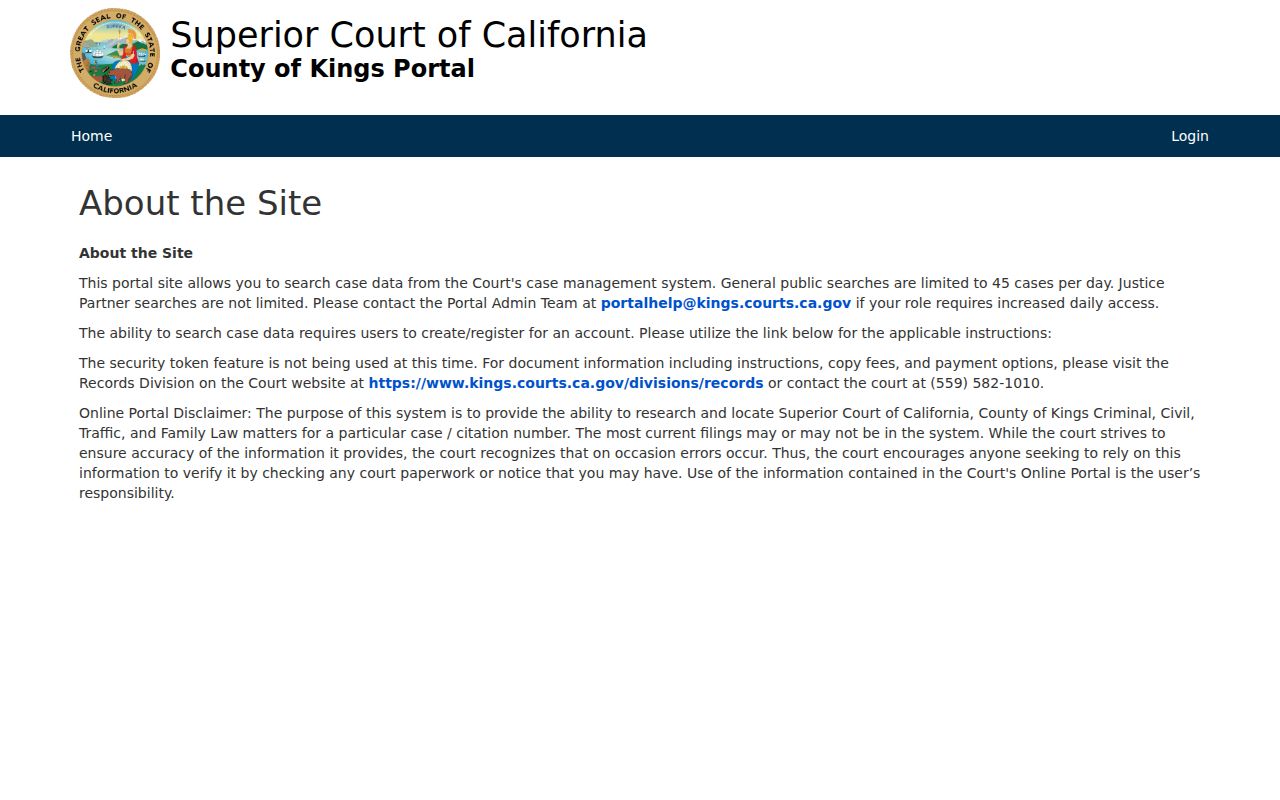 Lemoore public records court portal limits in Kings County